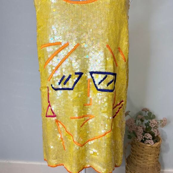 Gorgeous vintage yellow silk sequin abstract mini embroidered babydoll dress - Picture 3 of 6